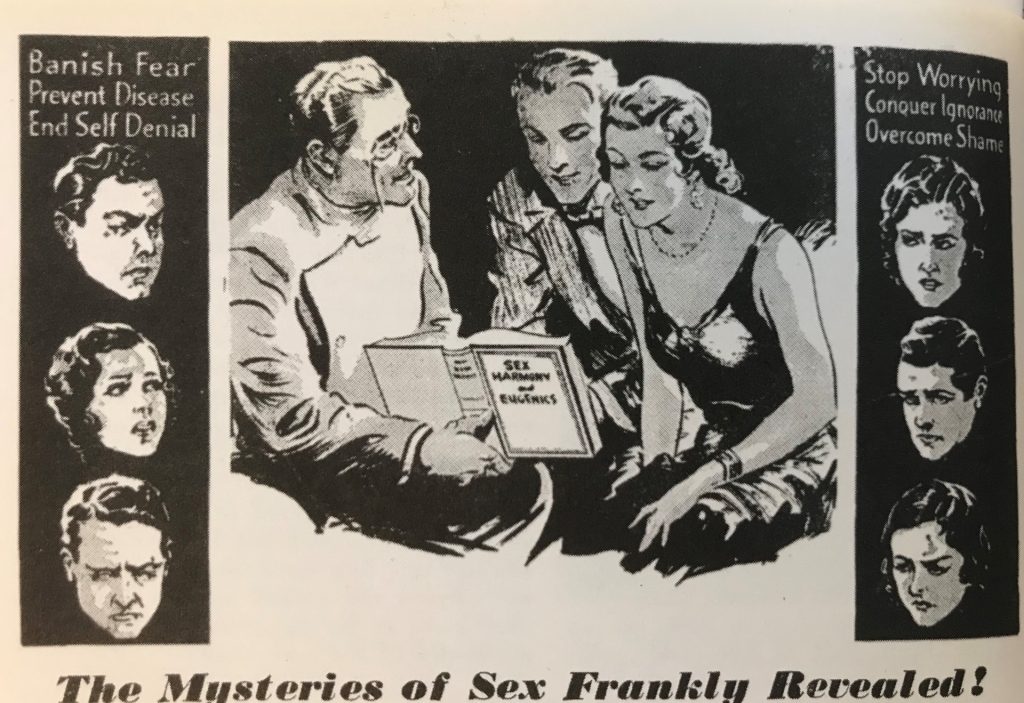Magazine feature titled 'The Mysteries of Sex Frankly Revealed!' includes text reading 'Banish Fear Prevent Disease End Self Denial and Stop Worrying Conquer Ignorance and Overcome Shame, as well as images of puzzled men and women, and a doctor figure showing a couple a book entitled 'Sex Harmony and Eugenics'