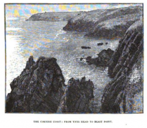 Image shows a dark print of the cliffs and sea.