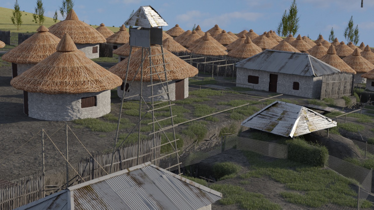 Image shows computer reconstruction of a 'barbed wire village' from the exhibition
