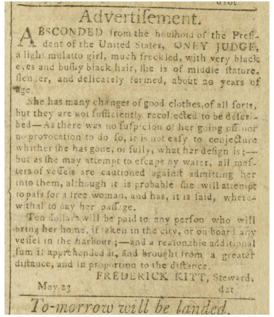 Newspaper notice for Ona Judge in the Philadelphia Gazette.